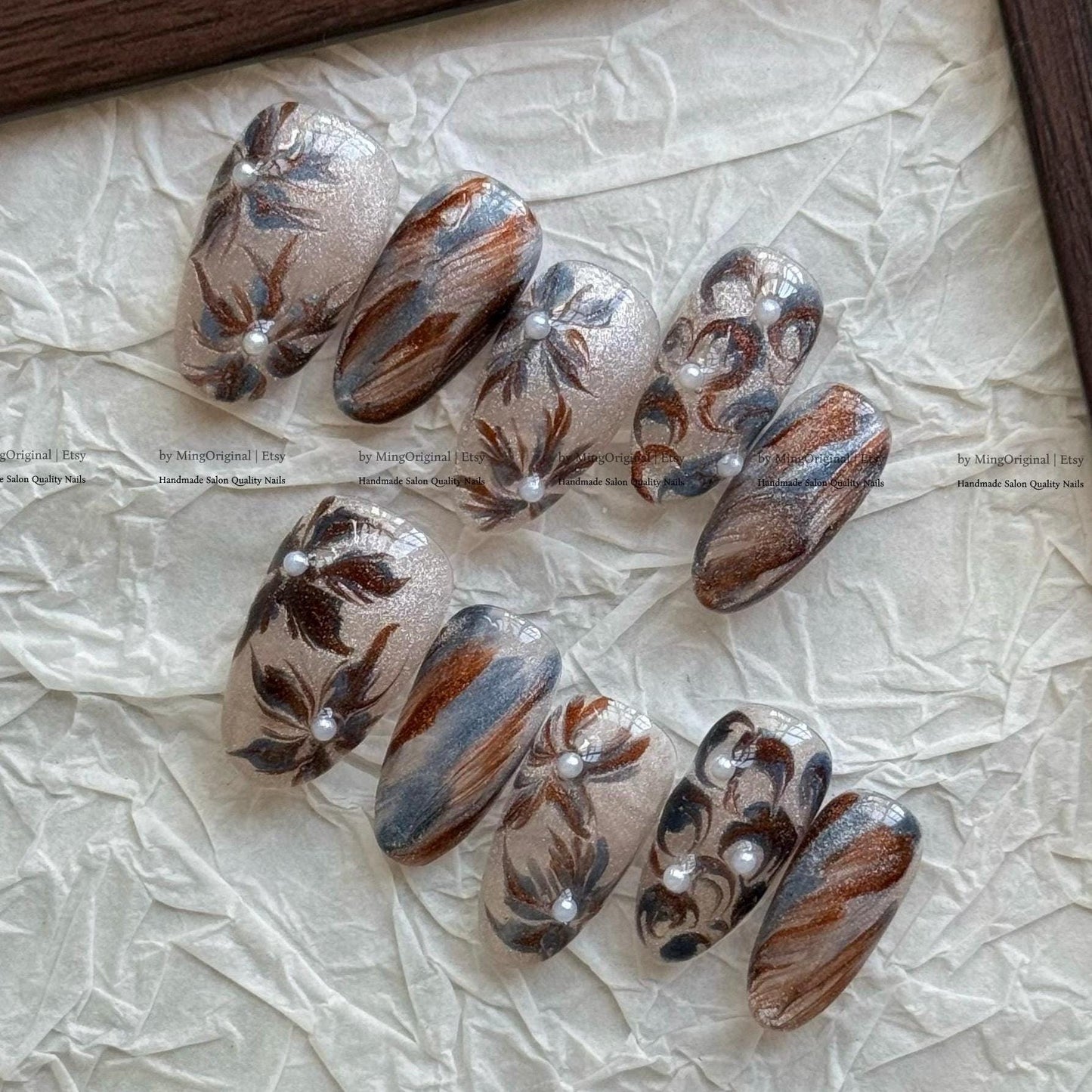Pearl Floral Magnetic Gel Press On Nails, Brown & Silver Velvet Marble Design, Art Nail Design, MO814