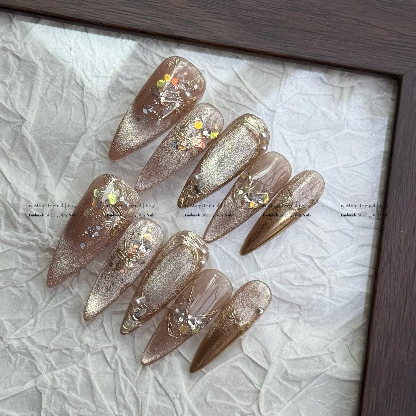 Nude Gold Press-On Nails, Handmade Luxury Nail Art with Pearls, Foil Glitter Abstract Floral Accents, MO787