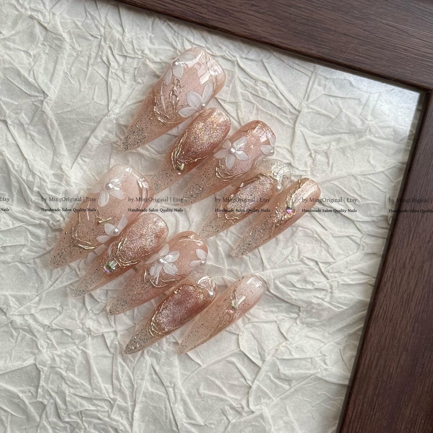 Handmade Peach Glitter Press On Nails, 3D White Floral Design, Gold Wire Detail Luxury Nails, Reusable Salon Quality Custom Nails, MO815