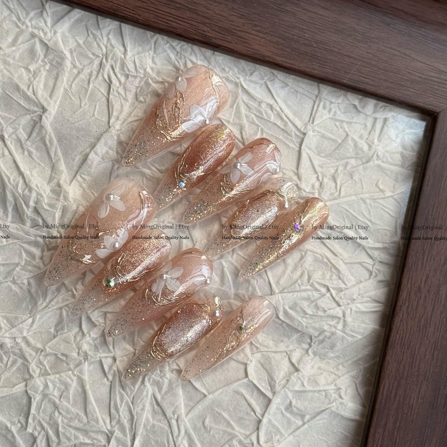 Handmade Peach Glitter Press On Nails, 3D White Floral Design, Gold Wire Detail Luxury Nails, Reusable Salon Quality Custom Nails, MO815