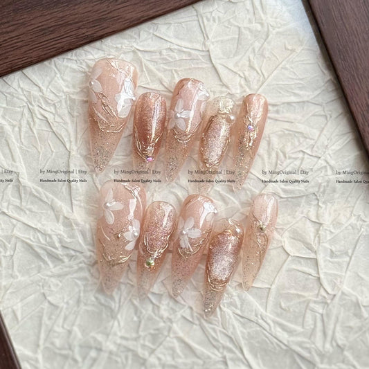 Handmade Peach Glitter Press On Nails, 3D White Floral Design, Gold Wire Detail Luxury Nails, Reusable Salon Quality Custom Nails, MO815