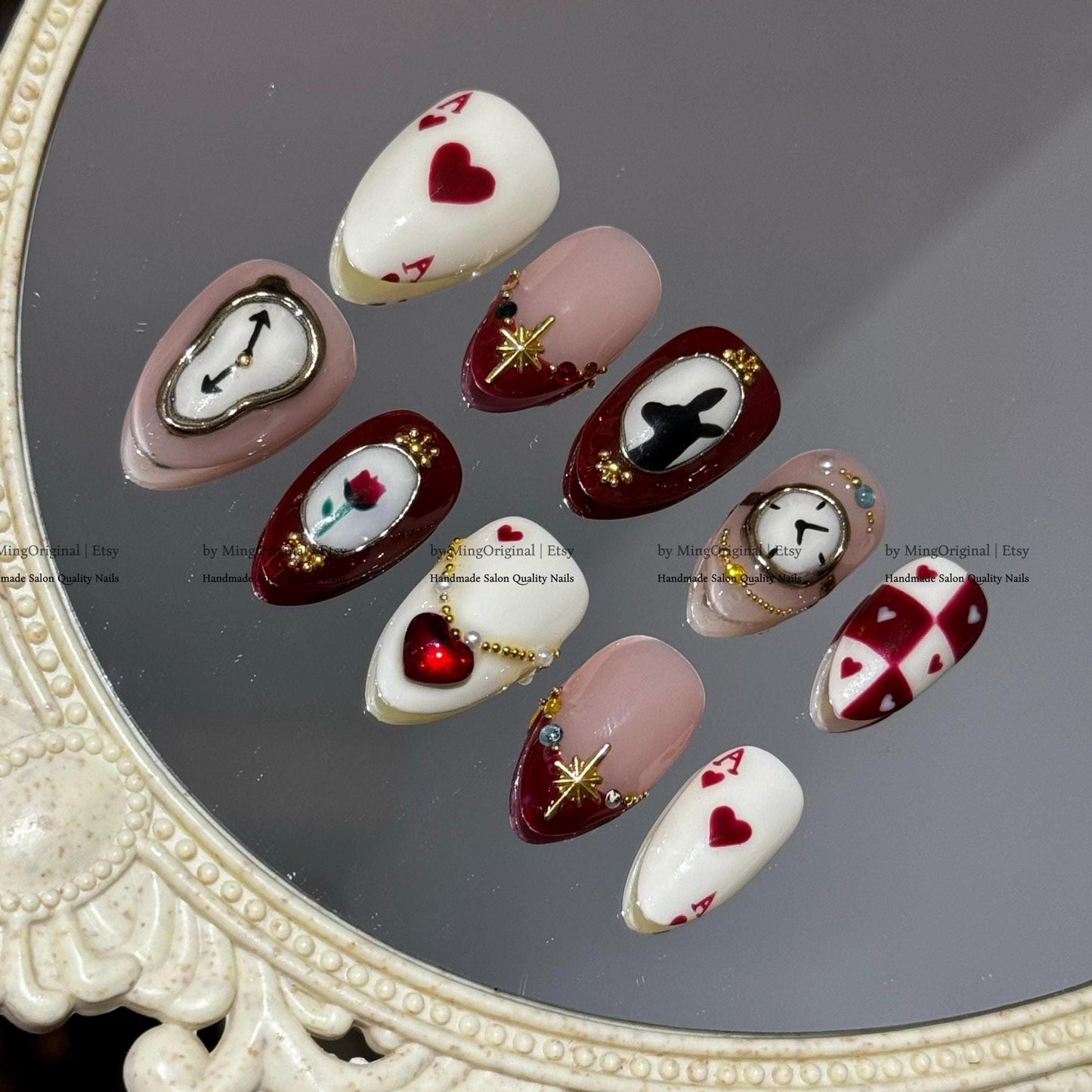 New Year Romance Press-On Nails, Handmade Nail Art with Clock, Hearts, Gems & Playing Card Details, MO789