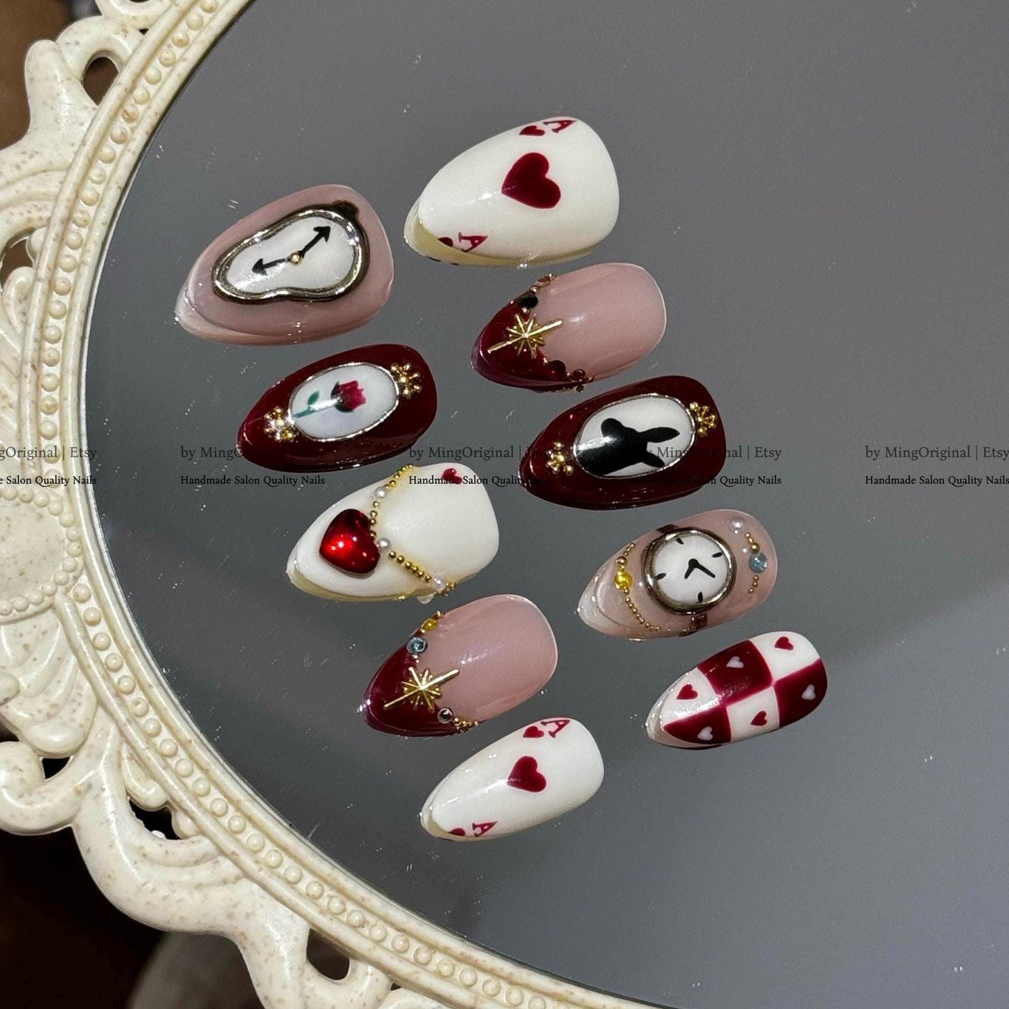 New Year Romance Press-On Nails, Handmade Nail Art with Clock, Hearts, Gems & Playing Card Details, MO789