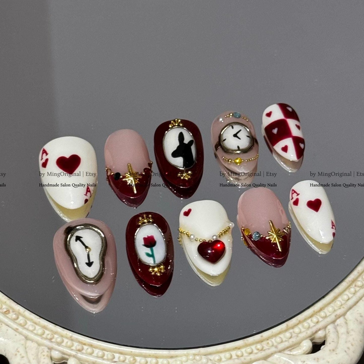New Year Romance Press-On Nails, Handmade Nail Art with Clock, Hearts, Gems & Playing Card Details, MO789