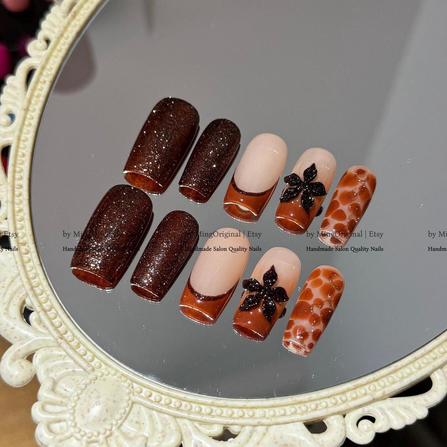 Brown Nude Press-On Nails, Handmade Nail Art with Diamond Glitter, 3D Flowers & Giraffe Pattern, MO790
