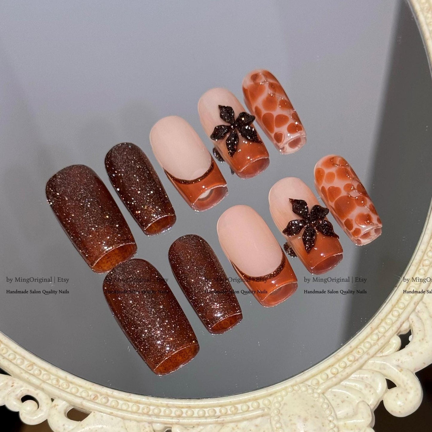 Brown Nude Press-On Nails, Handmade Nail Art with Diamond Glitter, 3D Flowers & Giraffe Pattern, MO790