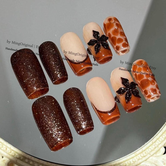 Brown Nude Press-On Nails, Handmade Nail Art with Diamond Glitter, 3D Flowers & Giraffe Pattern, MO790