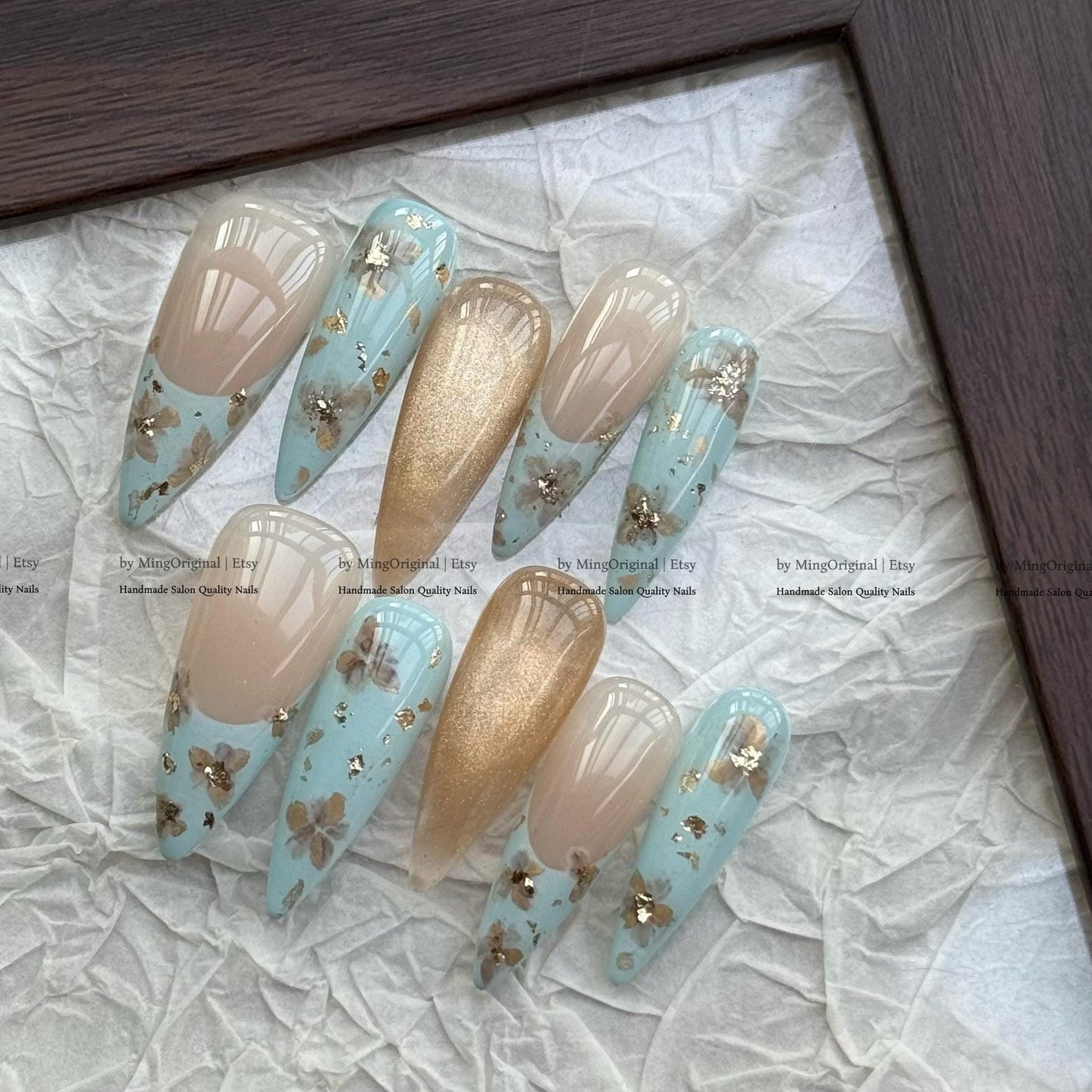 Handmade Sage Blue Floral Press On Nails, Luxury Gold Cat Eye & French Tip Nails, Reusable Glue On Nails, Spring Mani, MO817