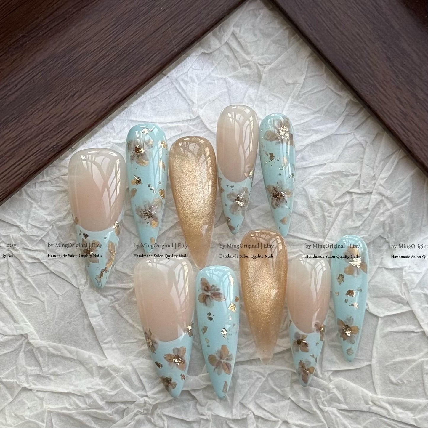 Handmade Sage Blue Floral Press On Nails, Luxury Gold Cat Eye & French Tip Nails, Reusable Glue On Nails, Spring Mani, MO817