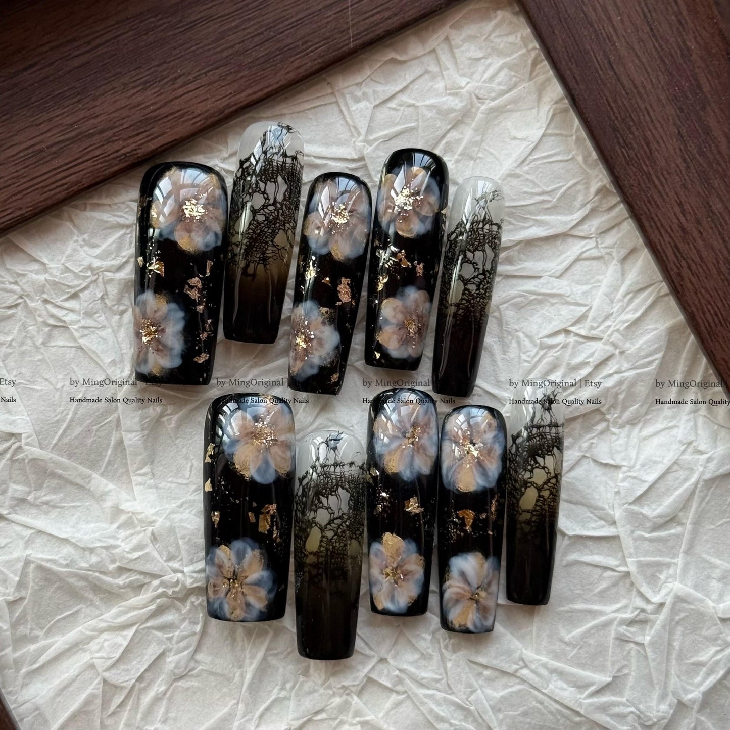 Gothic Black Floral Press On Nails, Luxury Lace Nail Art with Gold Foil, Dark Academia Fake Nails, Handmade Nails, Witchy Aesthetic, MO818