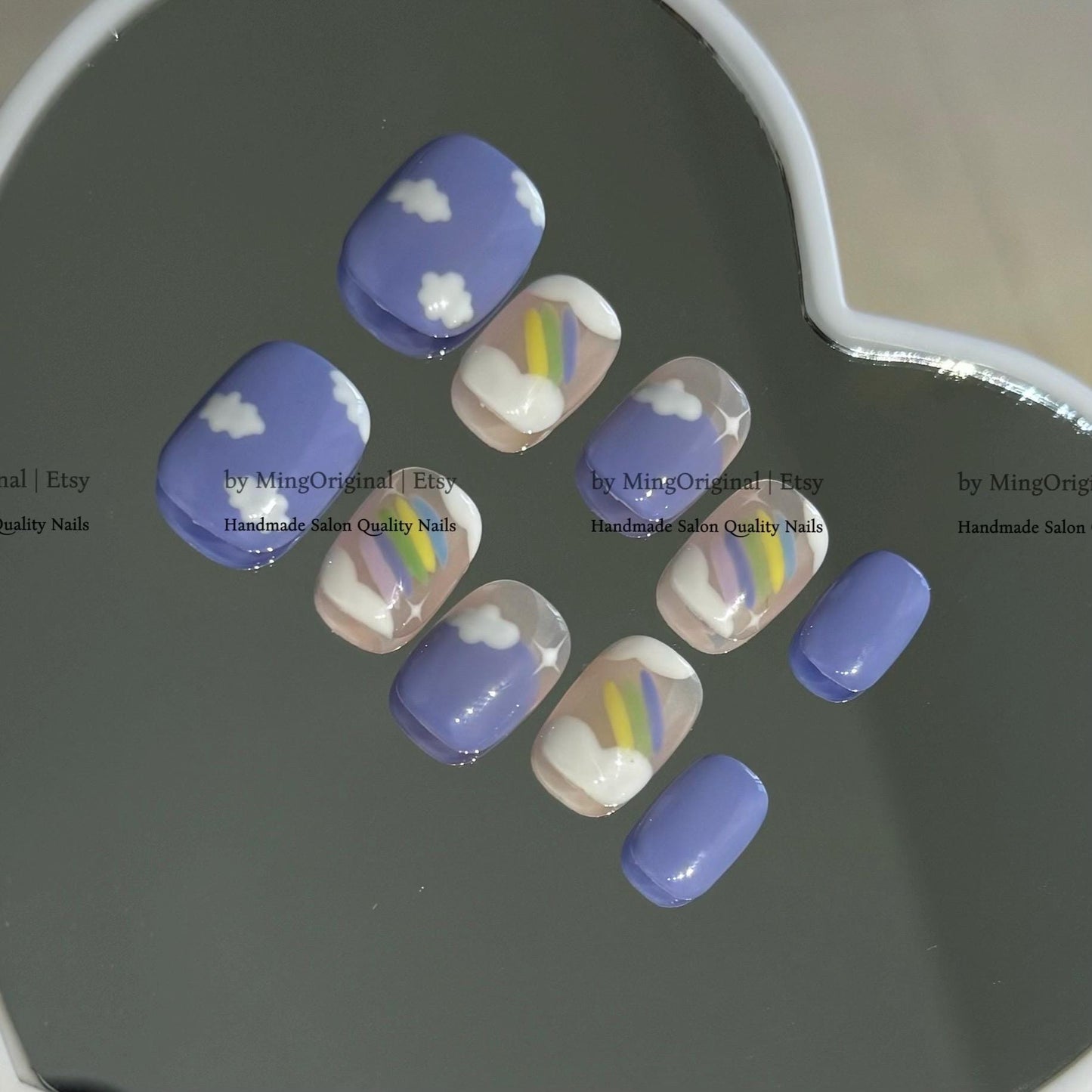 Pastel Periwinkle Cloud Press On Nails, Cute Rainbow & Star Nail Art, Soft Girl Aesthetic Fake Nails, Handmade Reusable Nails, MO819