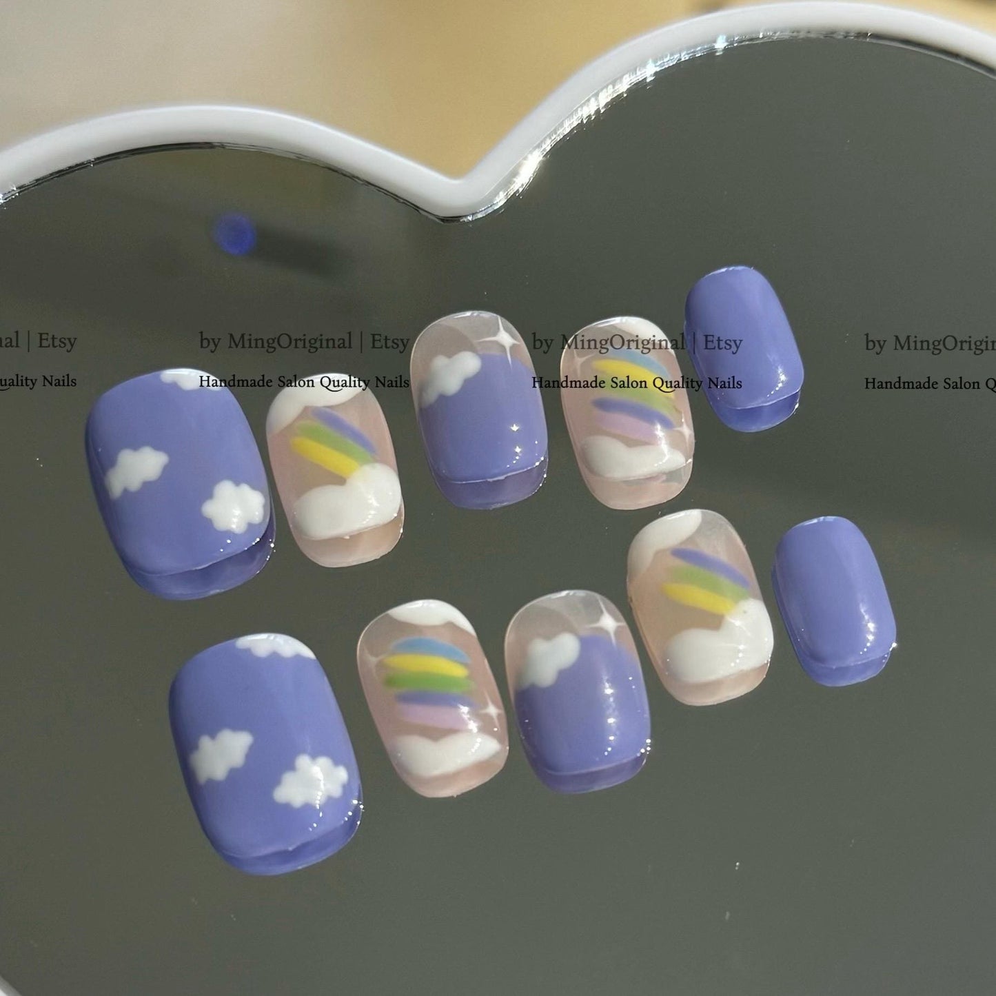 Pastel Periwinkle Cloud Press On Nails, Cute Rainbow & Star Nail Art, Soft Girl Aesthetic Fake Nails, Handmade Reusable Nails, MO819