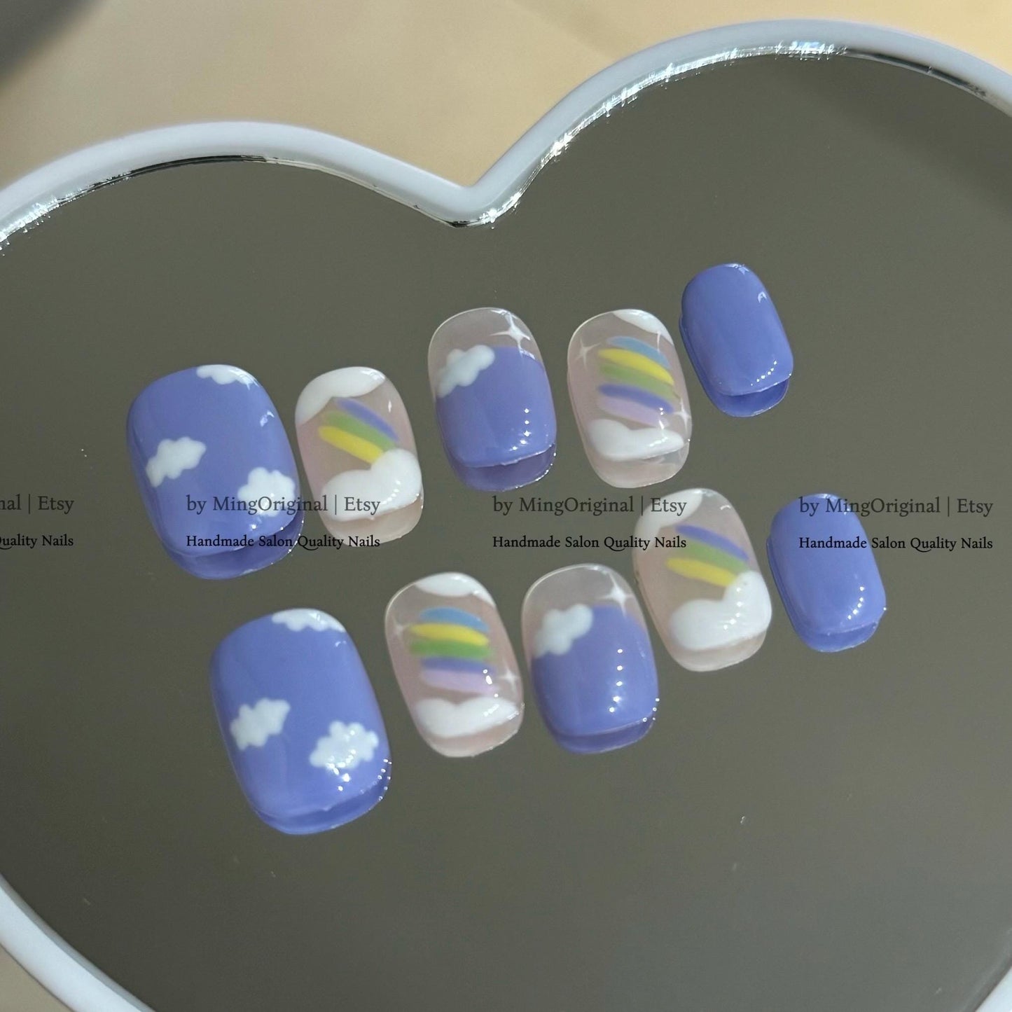 Pastel Periwinkle Cloud Press On Nails, Cute Rainbow & Star Nail Art, Soft Girl Aesthetic Fake Nails, Handmade Reusable Nails, MO819