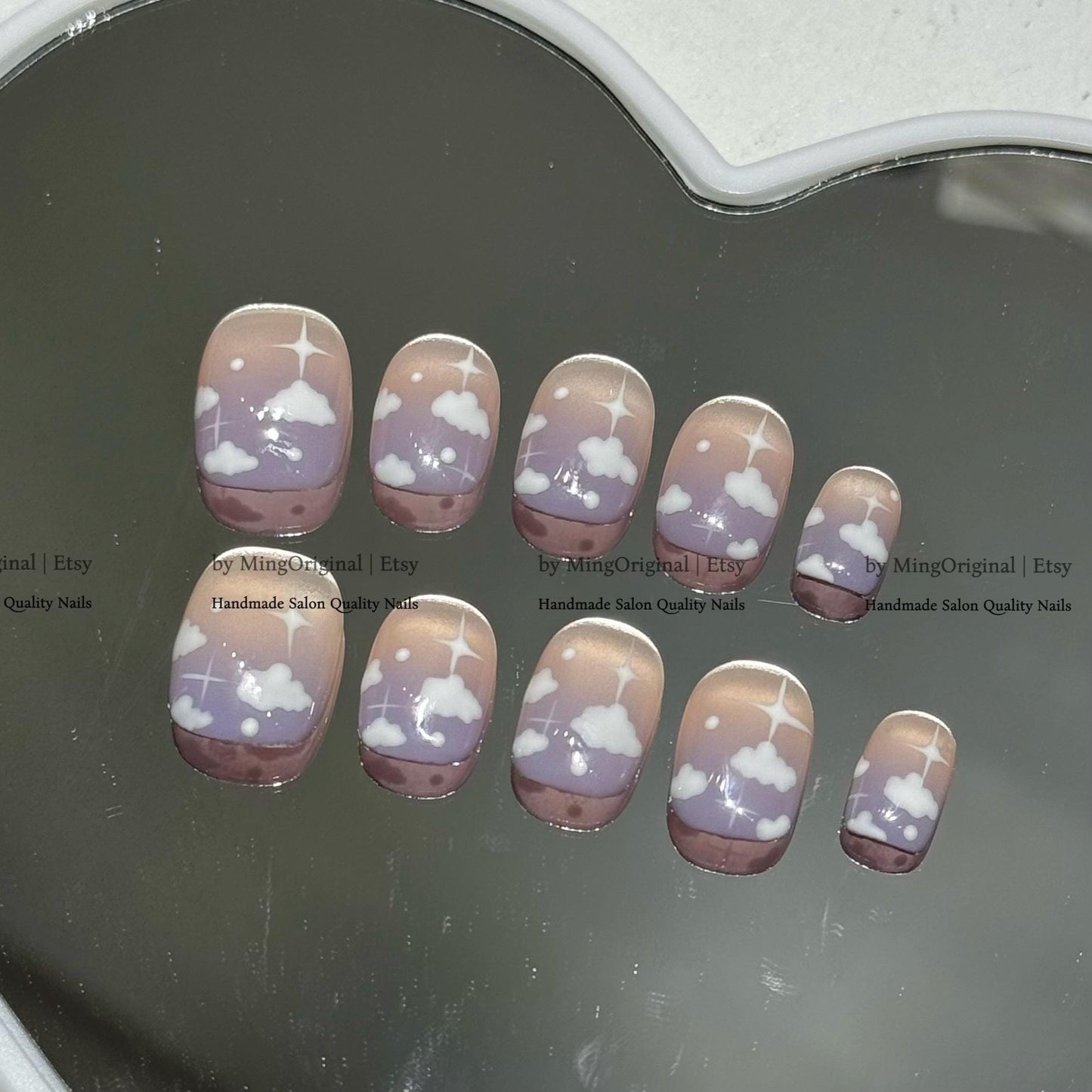 Starry Sky Press On Nails, Purple Ombre Cloud Nails, Dreamy Celestial Fake Nails, Handmade Galaxy Glue On Nail, MO820