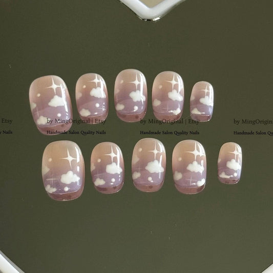 Starry Sky Press On Nails, Purple Ombre Cloud Nails, Dreamy Celestial Fake Nails, Handmade Galaxy Glue On Nail, MO820