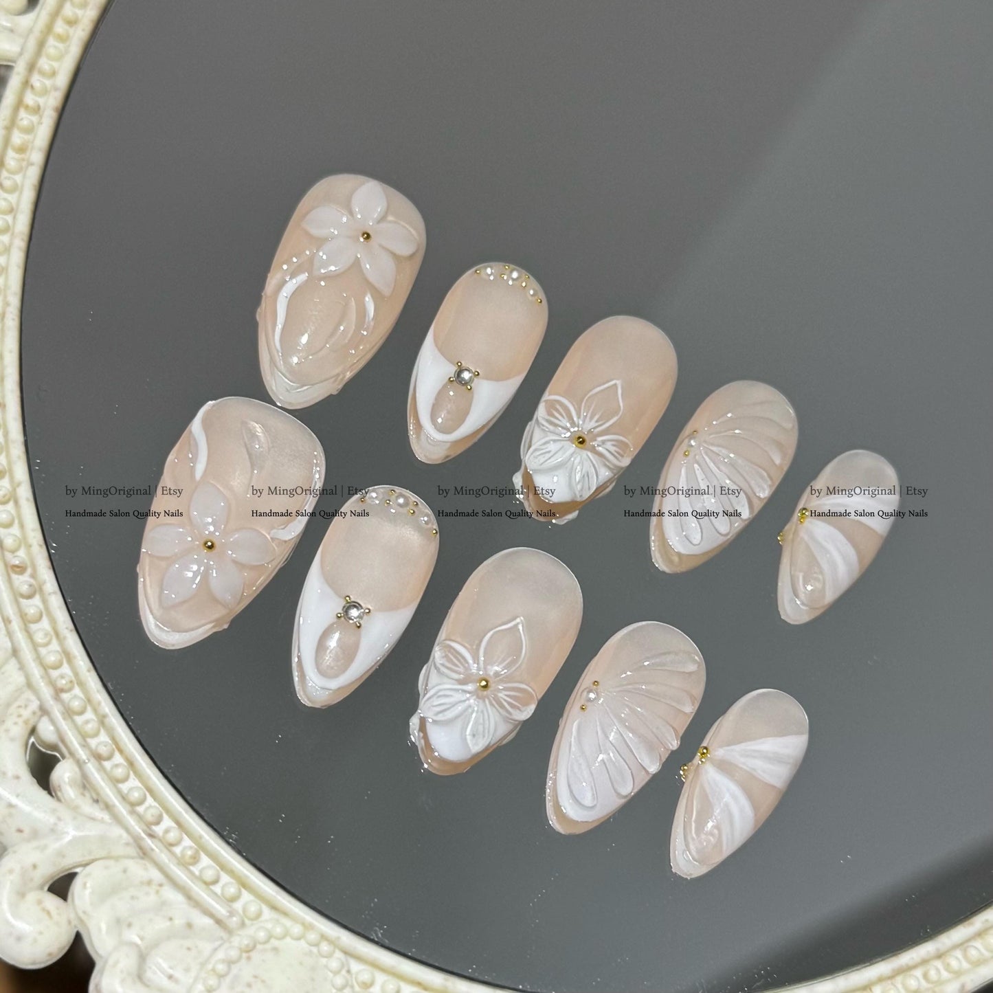 Handmade Soft Nude Floral Nails, White Sculpted 3D Blooms, Gold Beads, Romantic Reusable Nail, MO792