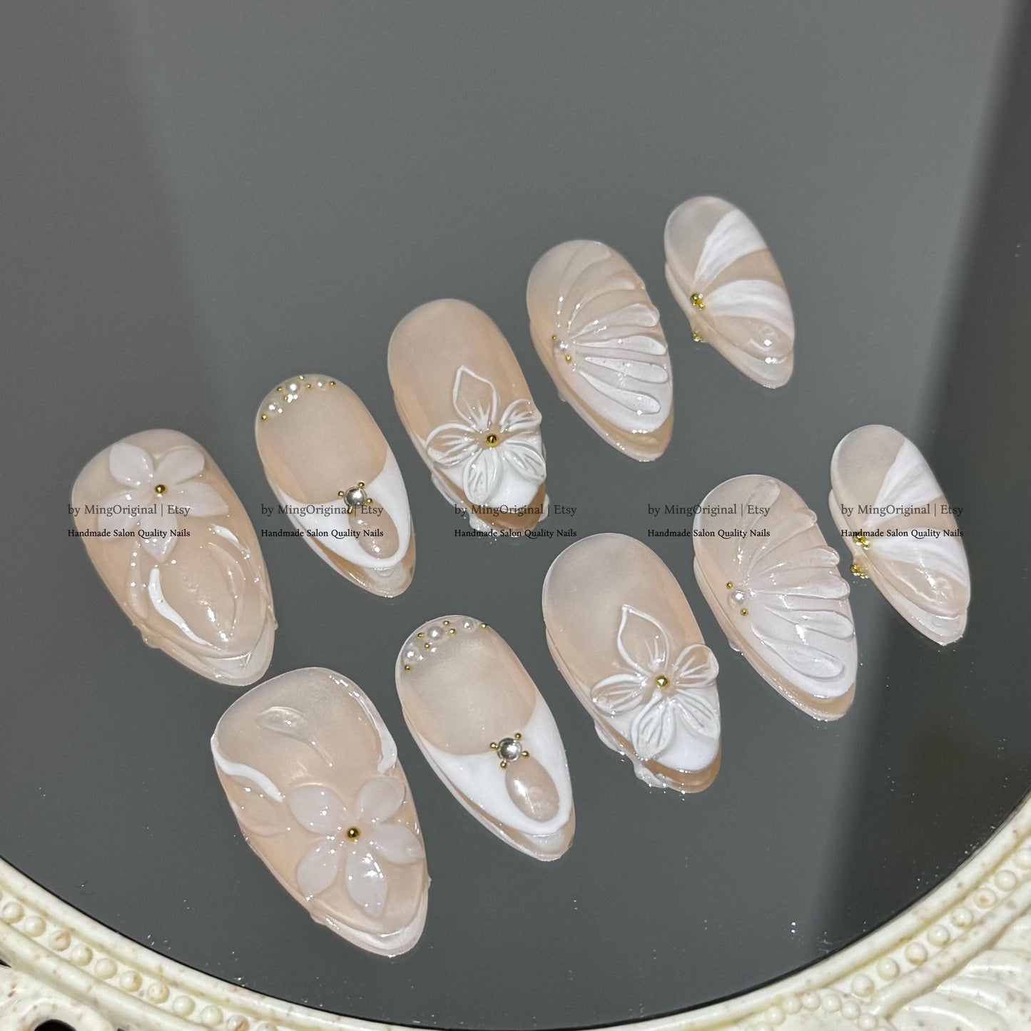 Handmade Soft Nude Floral Nails, White Sculpted 3D Blooms, Gold Beads, Romantic Reusable Nail, MO792