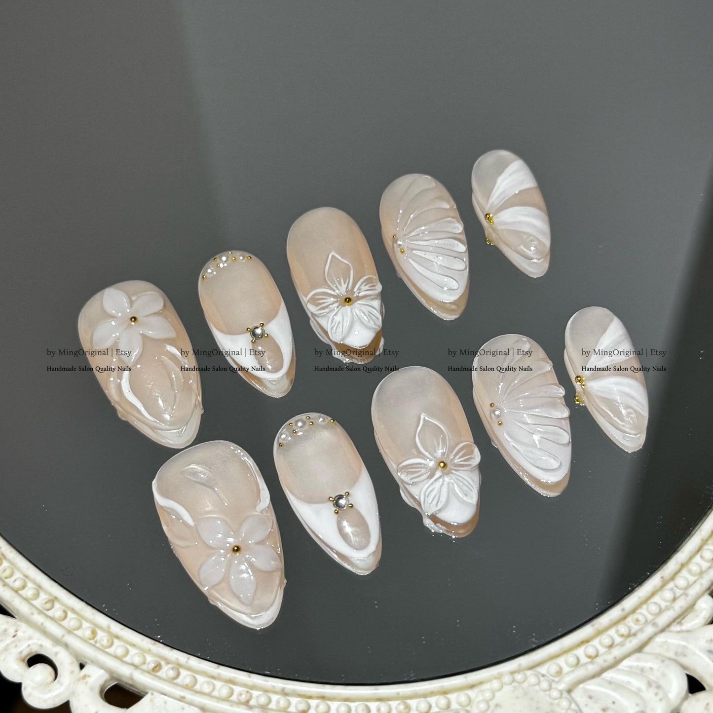 Handmade Soft Nude Floral Nails, White Sculpted 3D Blooms, Gold Beads, Romantic Reusable Nail, MO792