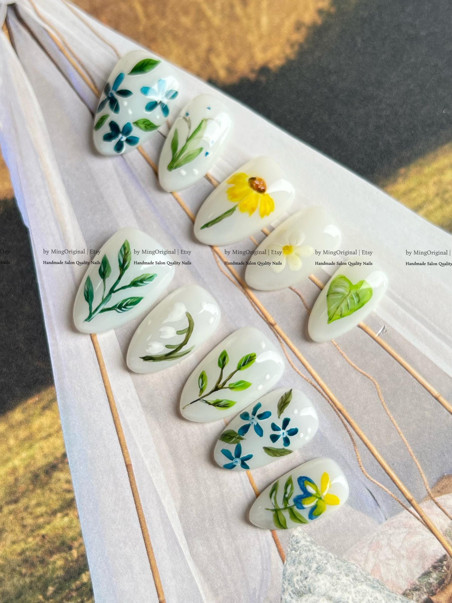 Hand Painted Floral Press On Nails, Botanical Garden Fake Nails, White Milky Base with Green Leaves &  sunflower, Reusable Nails,MO821