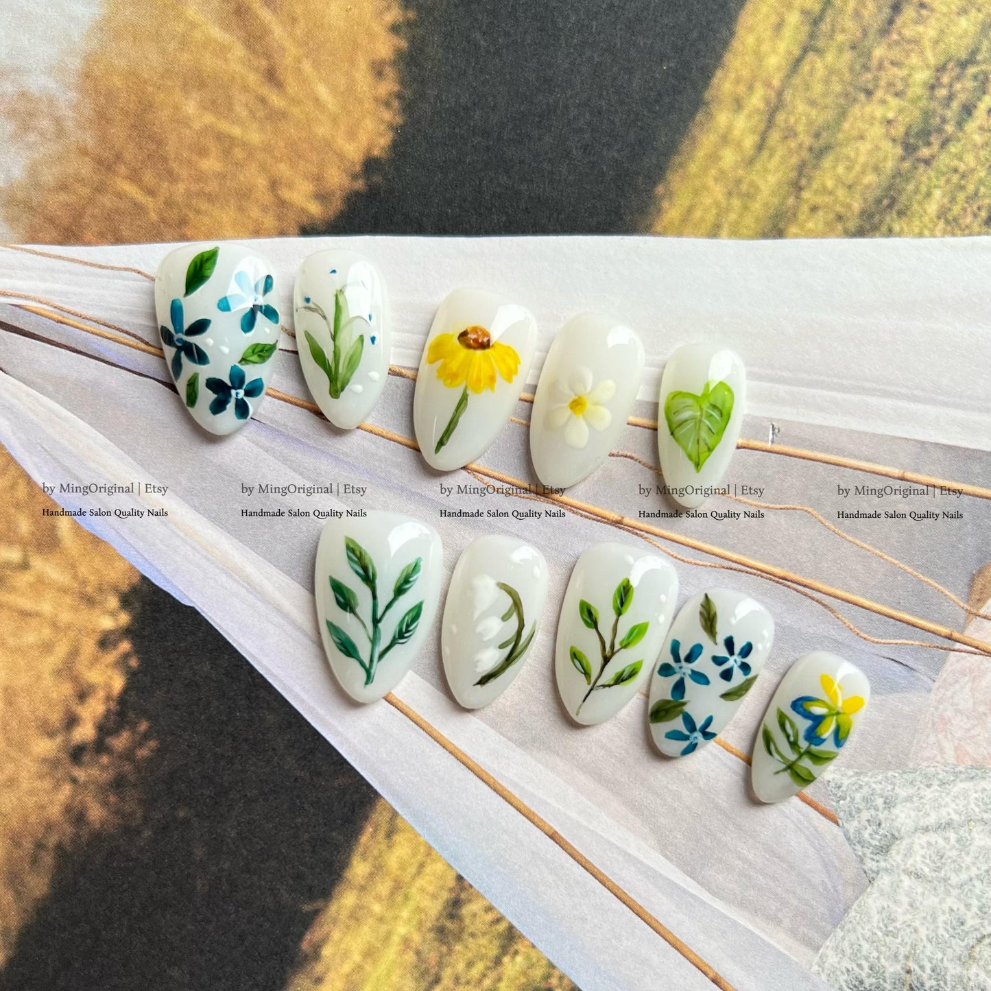 Hand Painted Floral Press On Nails, Botanical Garden Fake Nails, White Milky Base with Green Leaves &  sunflower, Reusable Nails,MO821