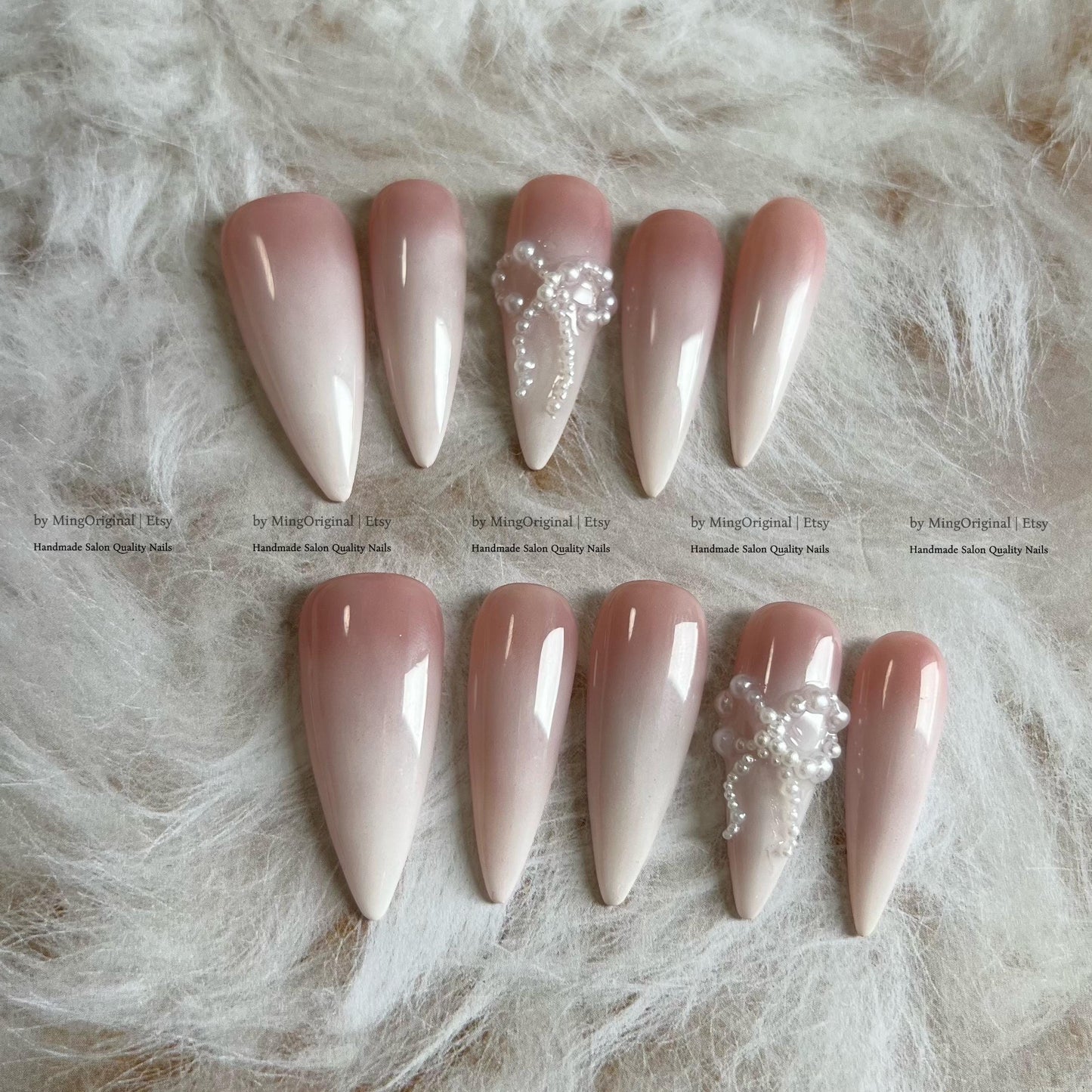 Pink Ombre Press On Nails with 3D Pearl Bow, Elegant Bridal Nails, Coquette Aesthetic Nails, Handpainted Gradient Fake Nails, MO822