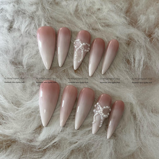 Pink Ombre Press On Nails with 3D Pearl Bow, Elegant Bridal Nails, Coquette Aesthetic Nails, Handpainted Gradient Fake Nails, MO822