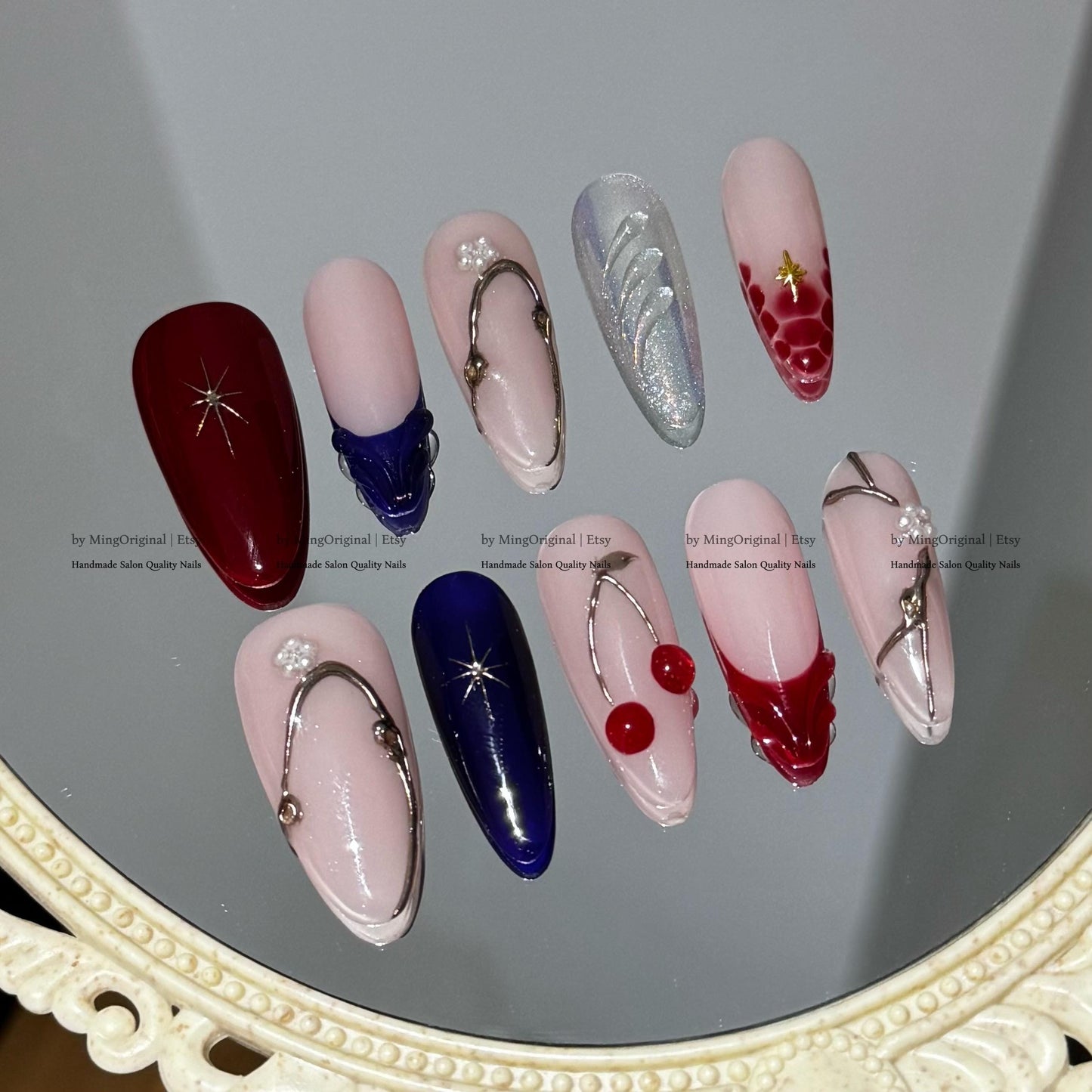 Handmade Statement Press-On Nails, Red Cherry Accents, Croc Texture, Pearls & Star Embellishments, MO793