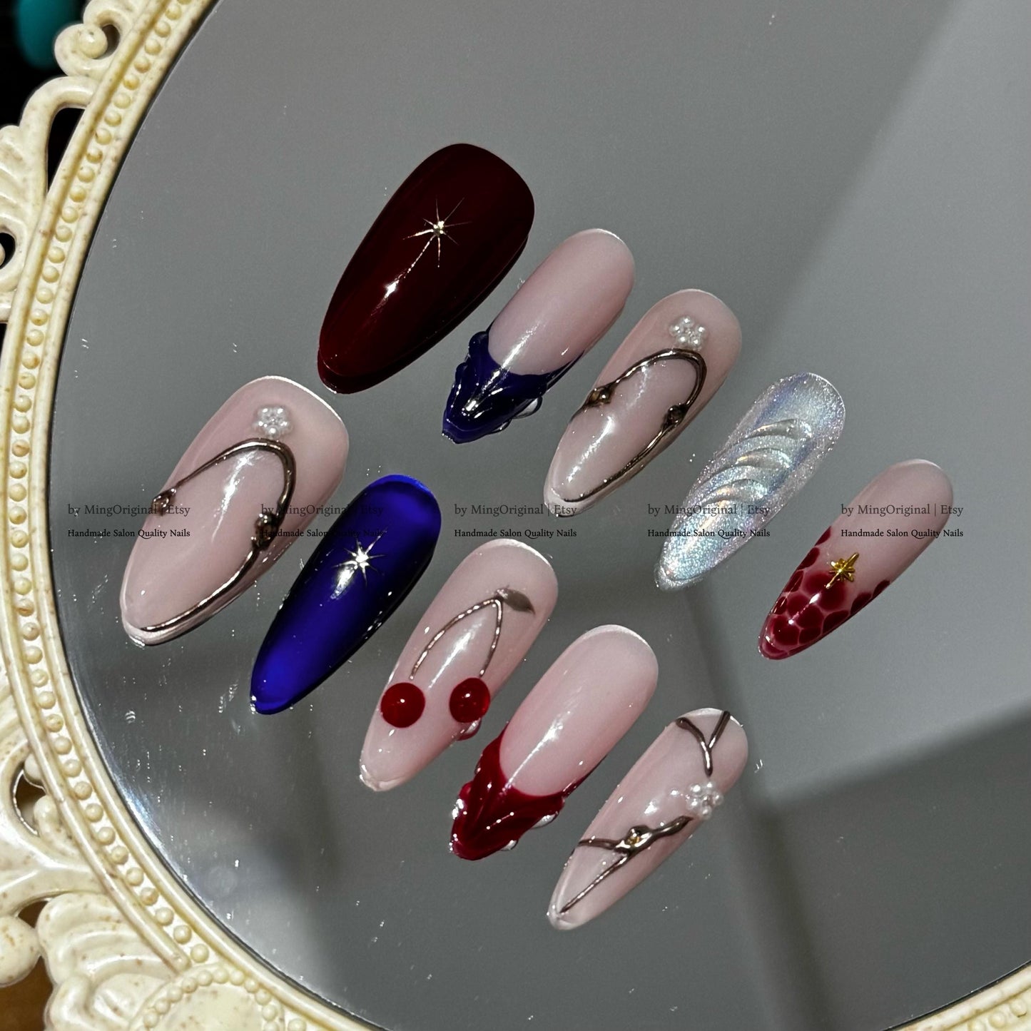Handmade Statement Press-On Nails, Red Cherry Accents, Croc Texture, Pearls & Star Embellishments, MO793