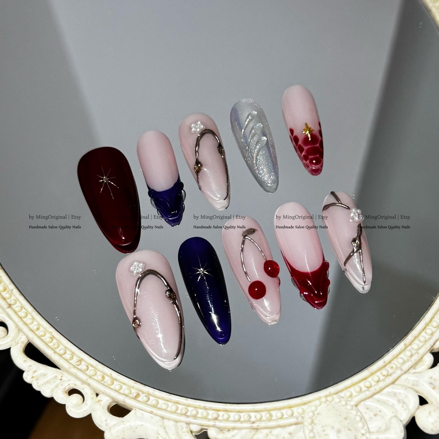 Handmade Statement Press-On Nails, Red Cherry Accents, Croc Texture, Pearls & Star Embellishments, MO793