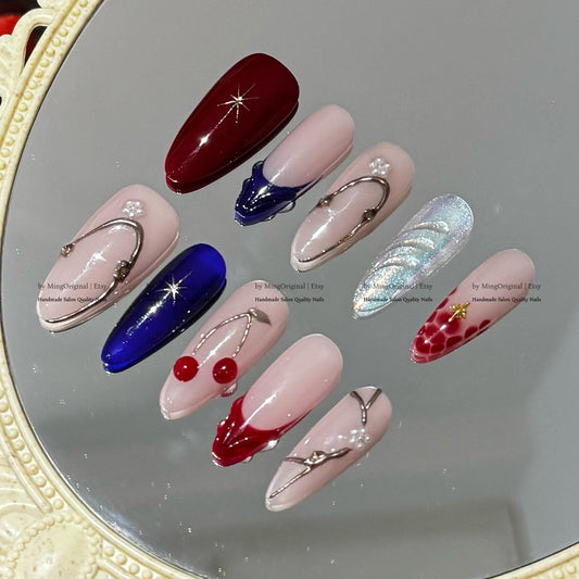 Handmade Statement Press-On Nails, Red Cherry Accents, Croc Texture, Pearls & Star Embellishments, MO793