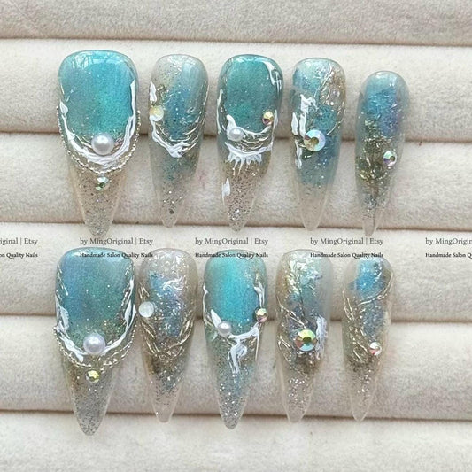 Teal Ocean-Inspired Press-On Nails, Handmade Gradient with Pearls, Rhinestones & Sculpted Swirls French Tip Art Nails ,MO794