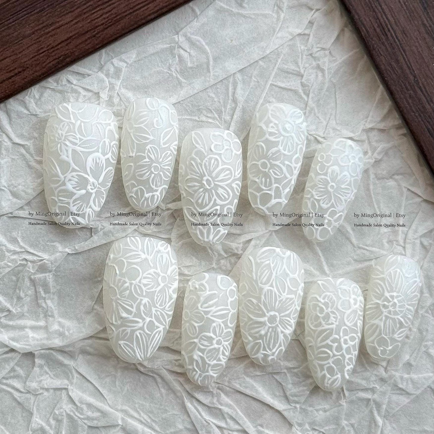 Bride Day 3D Embossed Floral Press On Nails, White Textured Flower Nail Art, Elegant Bridal Wedding Nail, Handmade Reusable Matte Nail,MO823