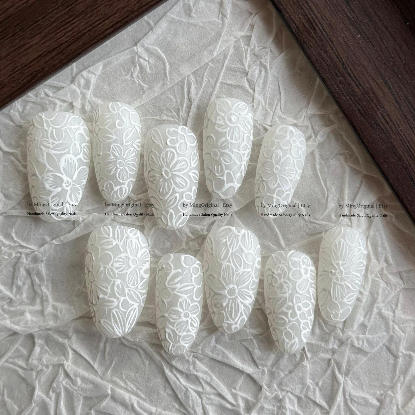 Bride Day 3D Embossed Floral Press On Nails, White Textured Flower Nail Art, Elegant Bridal Wedding Nail, Handmade Reusable Matte Nail,MO823