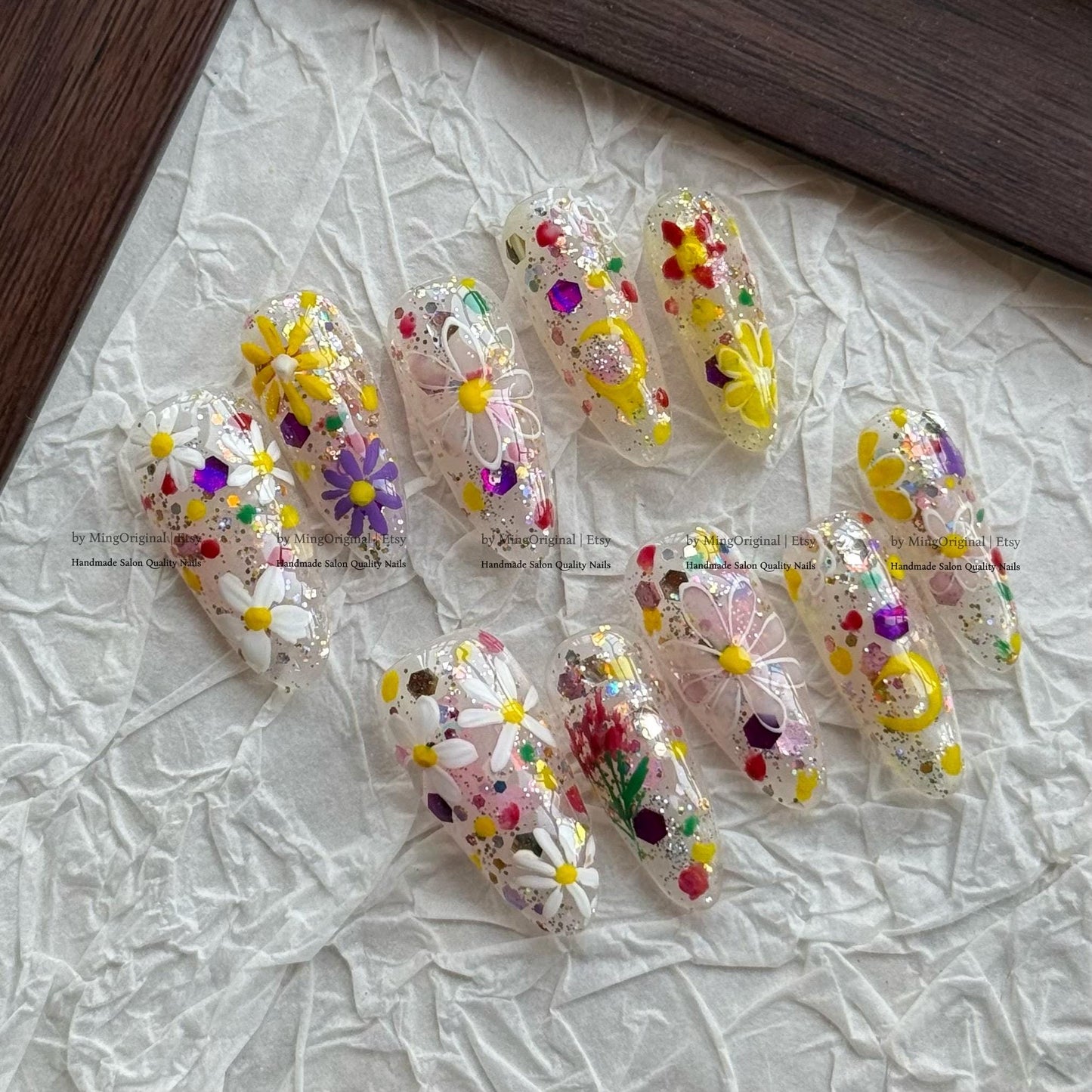 Colorful Glitter Floral Press On Nails, Hand Painted 3D Flower Nails, Sparkly Confetti Party Nails, Rainbow Summer False Nails, MO824