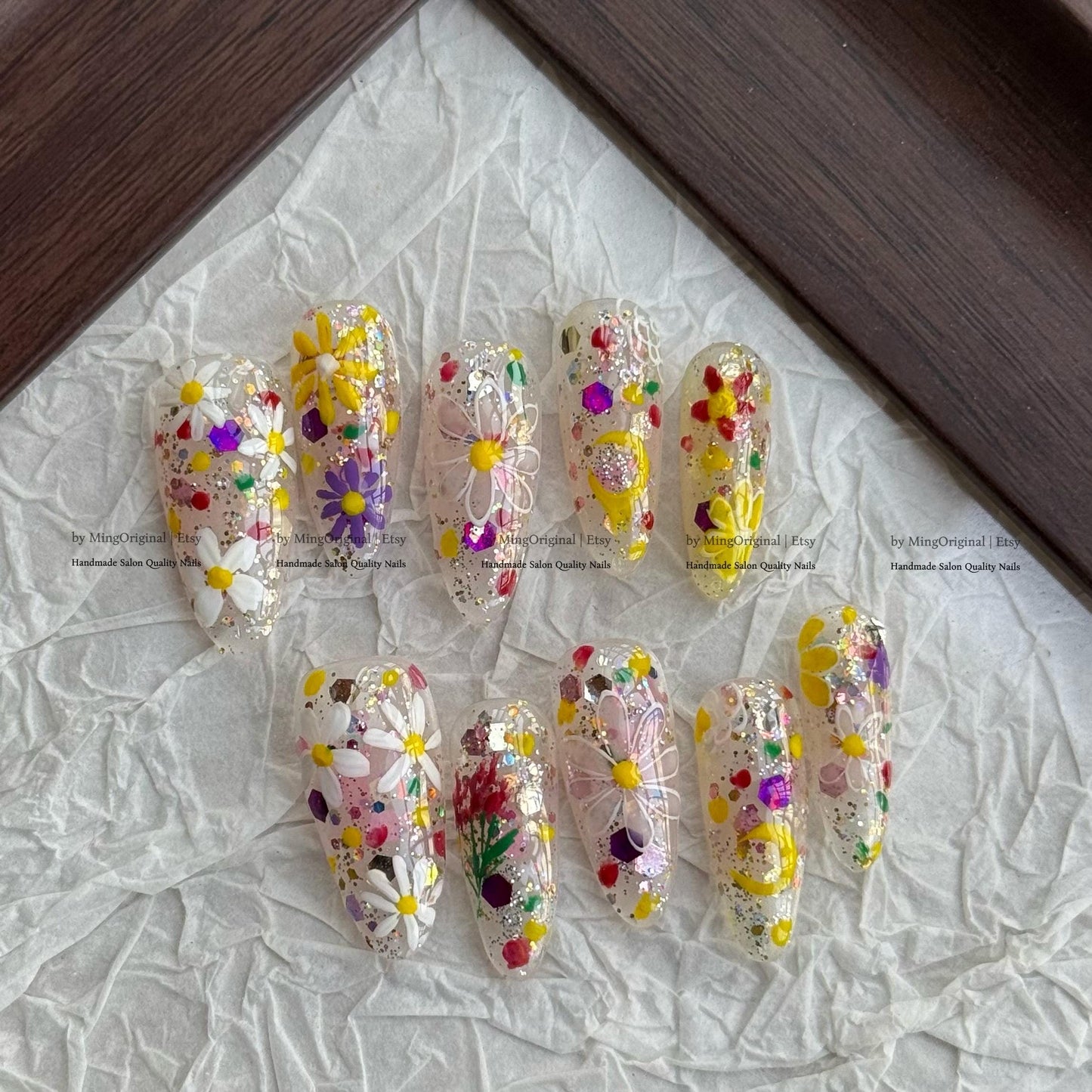 Colorful Glitter Floral Press On Nails, Hand Painted 3D Flower Nails, Sparkly Confetti Party Nails, Rainbow Summer False Nails, MO824
