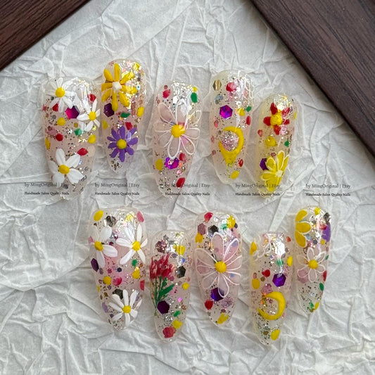 Colorful Glitter Floral Press On Nails, Hand Painted 3D Flower Nails, Sparkly Confetti Party Nails, Rainbow Summer False Nails, MO824