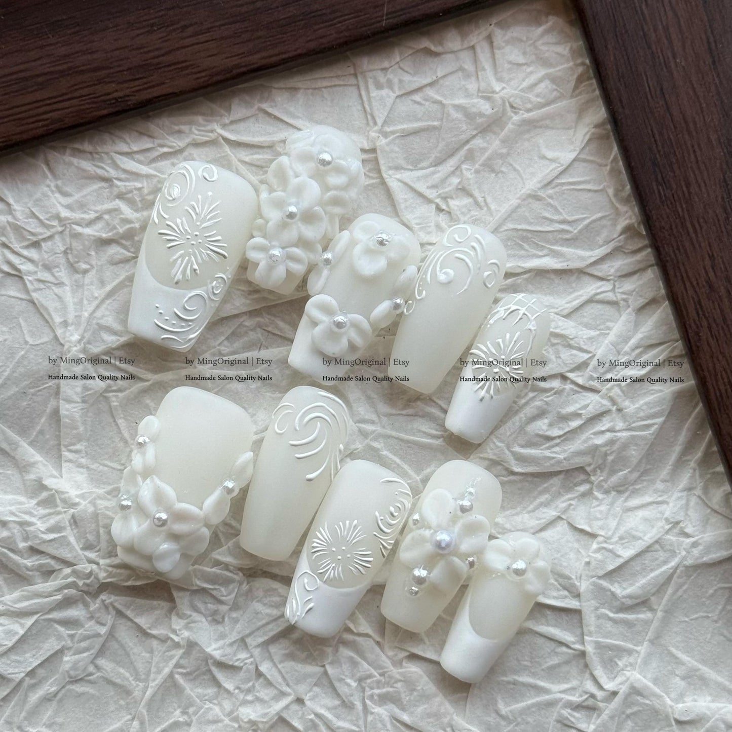 Bride Day White 3D Floral Press On Nails, Matte Milky White Bridal Nails, Handmade Embossed Flower Coffin Nails, Elegant Wedding Nails,MO825