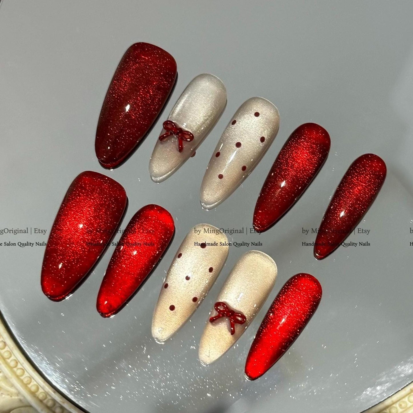 Red Sparkle Holiday Press On Nails, Cat Eye and Red Bow Polka Dot Set, Handmade Romantic Nail Set, MO794