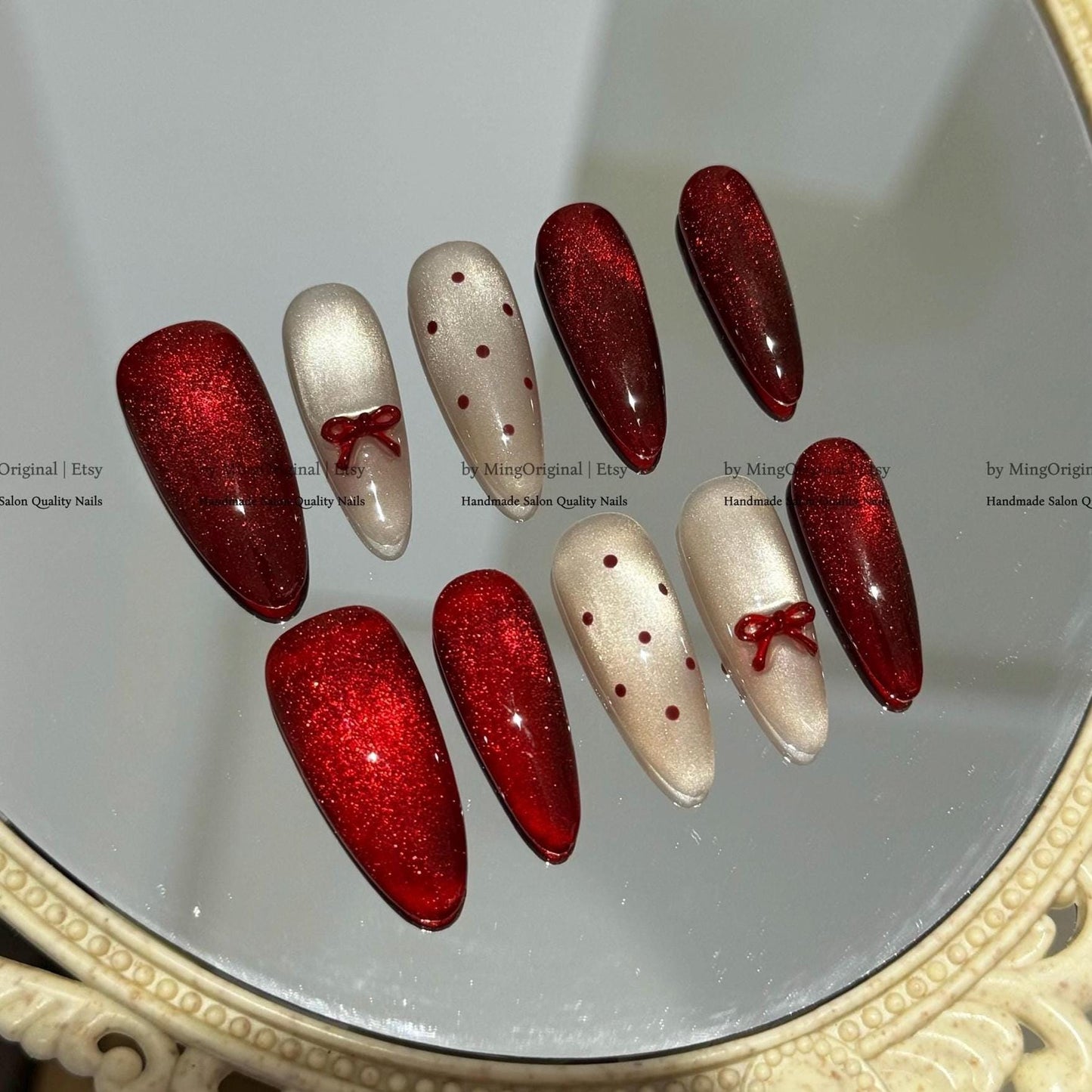 Red Sparkle Holiday Press On Nails, Cat Eye and Red Bow Polka Dot Set, Handmade Romantic Nail Set, MO794