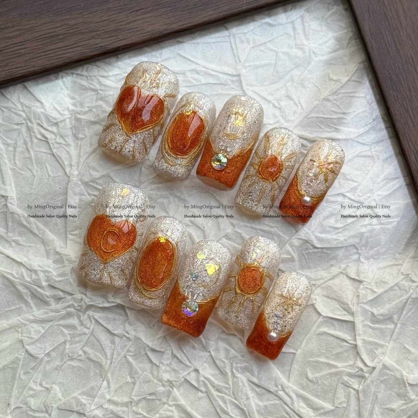Ornate Gold Texture Heart Press On Nails, Sparkle Design with Sunburst and cat eye, mid century vintage nail art, gold moon and star, MO795