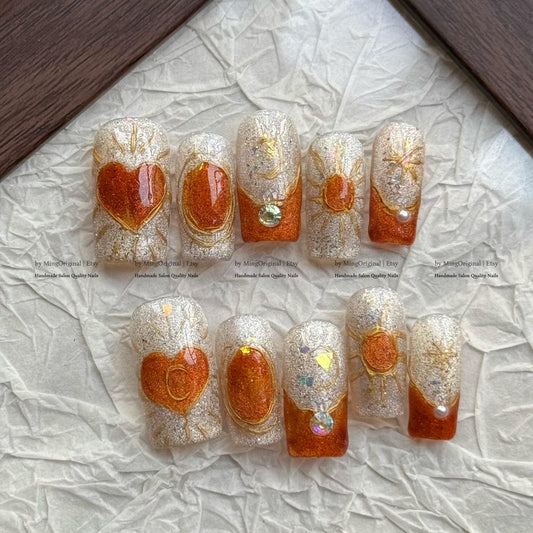Ornate Gold Texture Heart Press On Nails, Sparkle Design with Sunburst and cat eye, mid century vintage nail art, gold moon and star, MO795