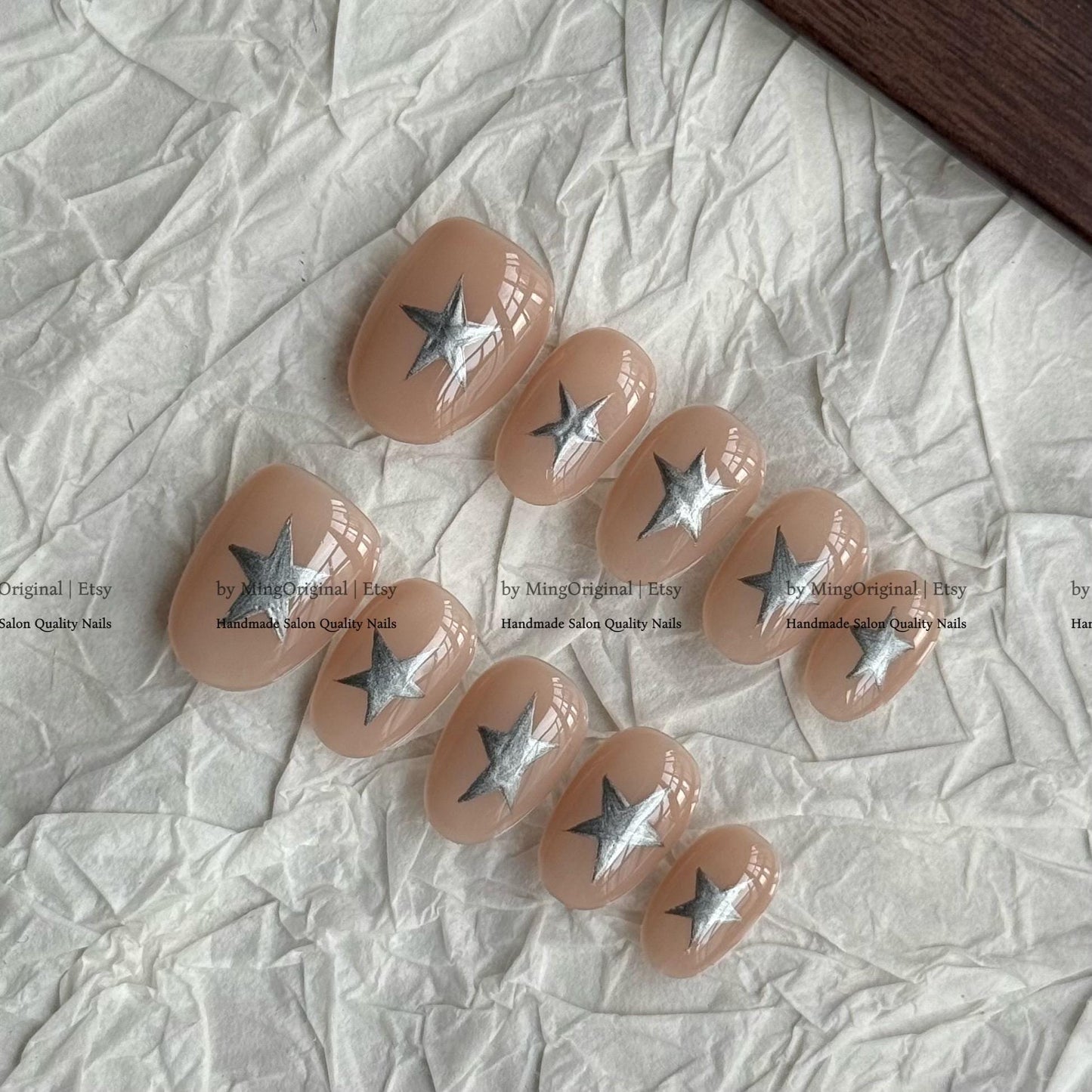 Silver star nude press on Nail, metallic chrome star nails, glue on nail, Holiday Fake Nails, Gifts for Her, MO827