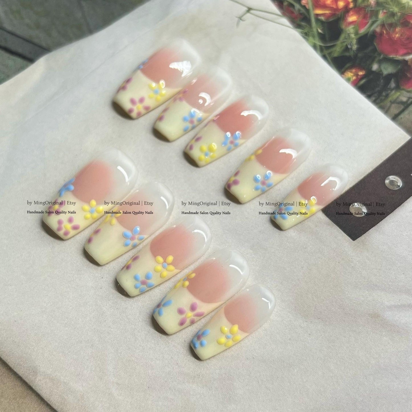 Hand Painted Flower French Tip Press On Nails, Pastel Floral Nails, Soft Yellow & Blue Daisy Fake Nails, Reusable Salon Quality Nail, MO828