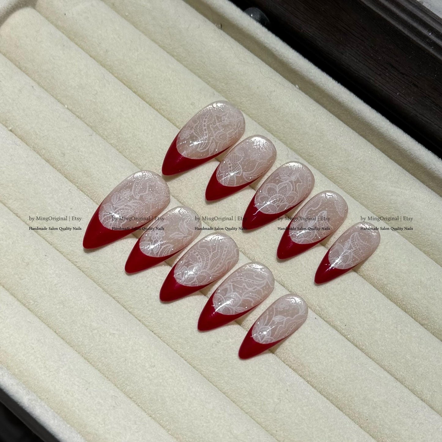 Red french tip press on nail, Nude Cat Eye & Red French Tip, wedding nail, fake nail, holiday trending nail, MO796
