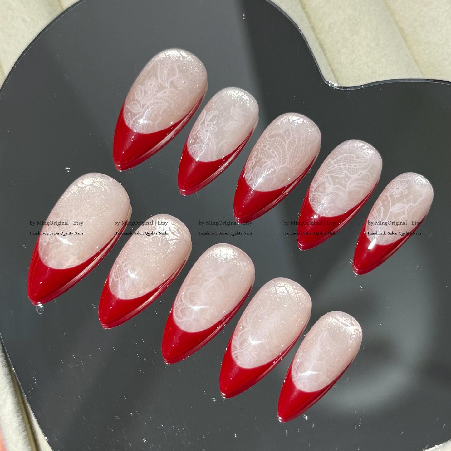Red french tip press on nail, Nude Cat Eye & Red French Tip, wedding nail, fake nail, holiday trending nail, MO796