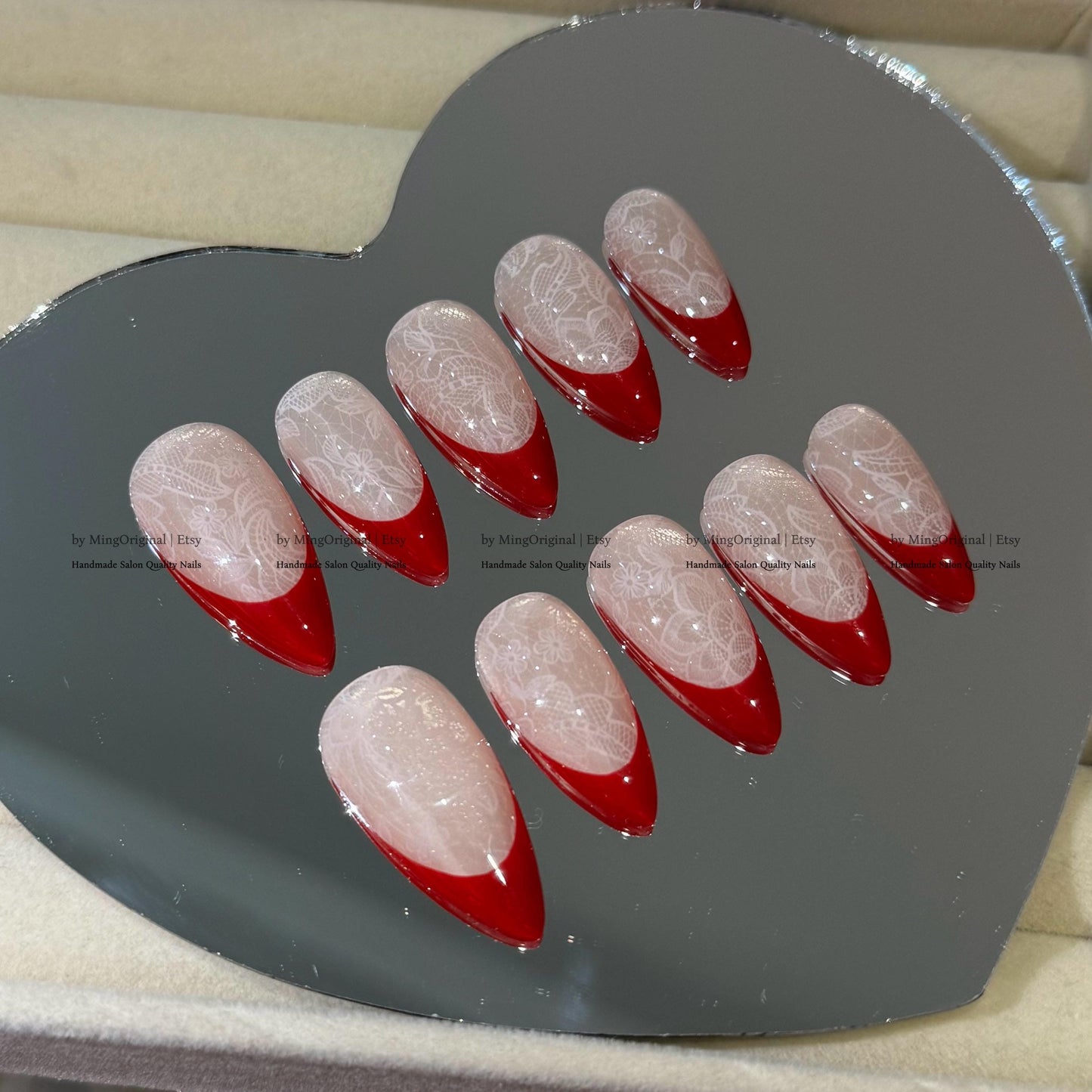 Red french tip press on nail, Nude Cat Eye & Red French Tip, wedding nail, fake nail, holiday trending nail, MO796