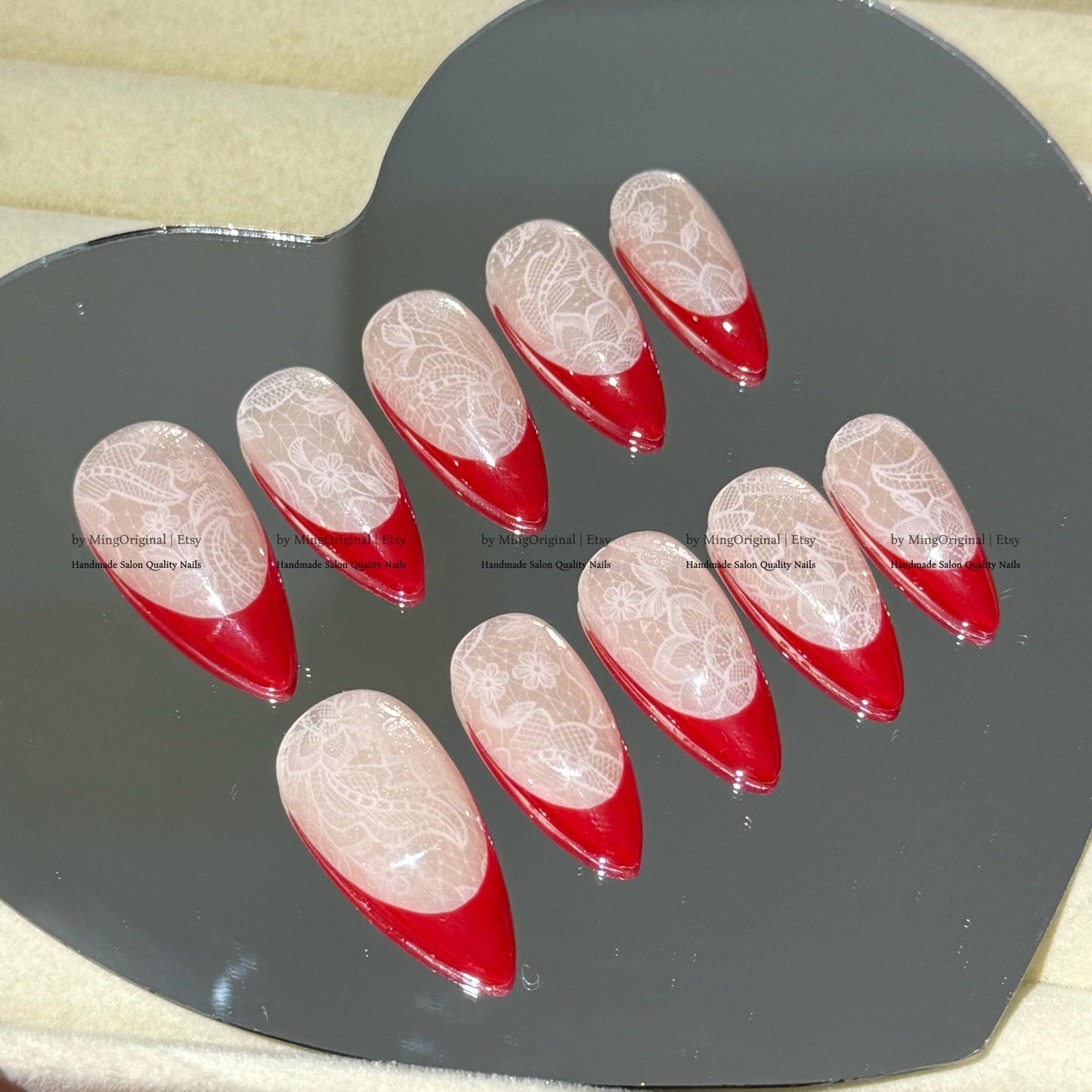 Red french tip press on nail, Nude Cat Eye & Red French Tip, wedding nail, fake nail, holiday trending nail, MO796