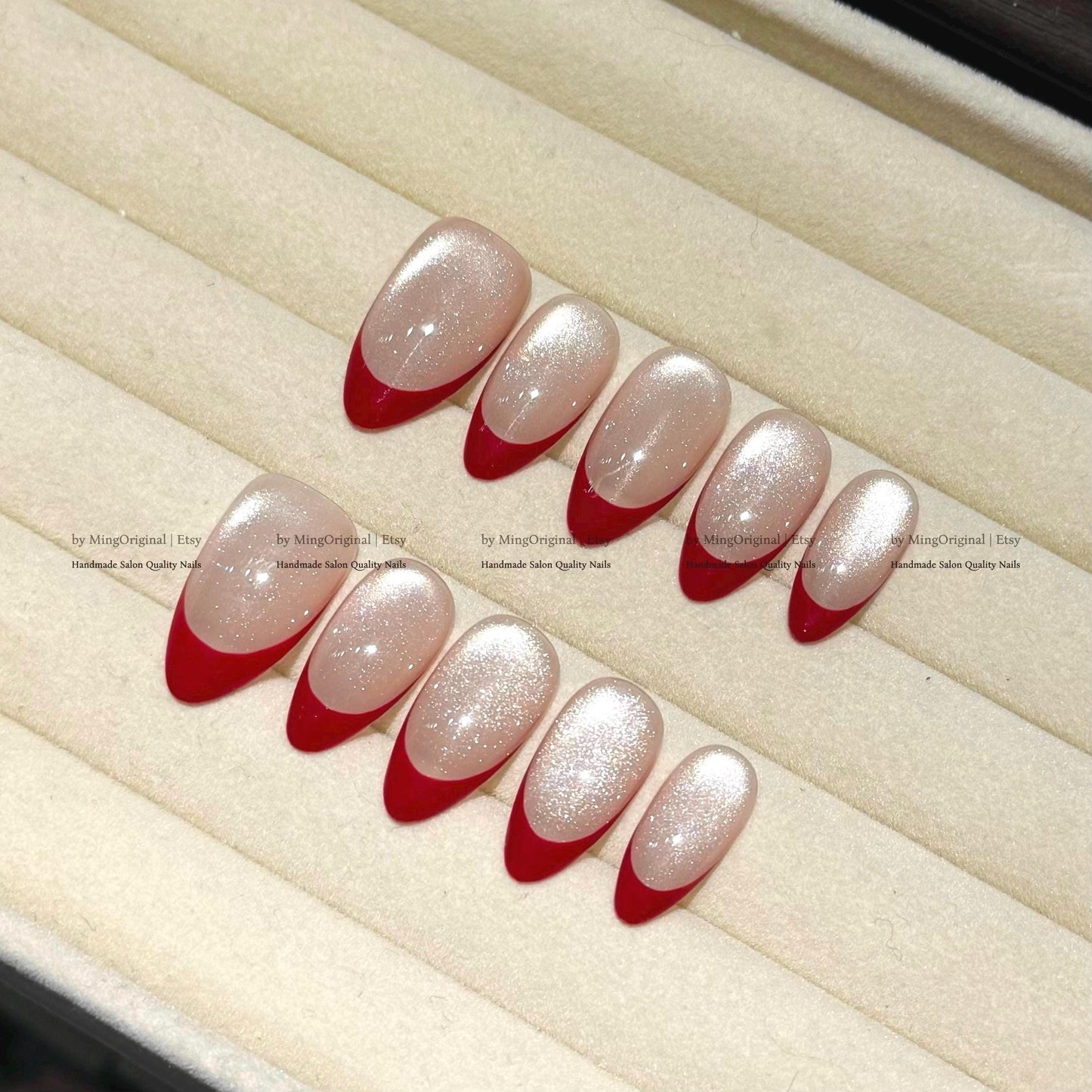 Red french tip press on nail, Nude Cat Eye & Red French Tip, wedding nail, fake nail, holiday trending nail, MO796