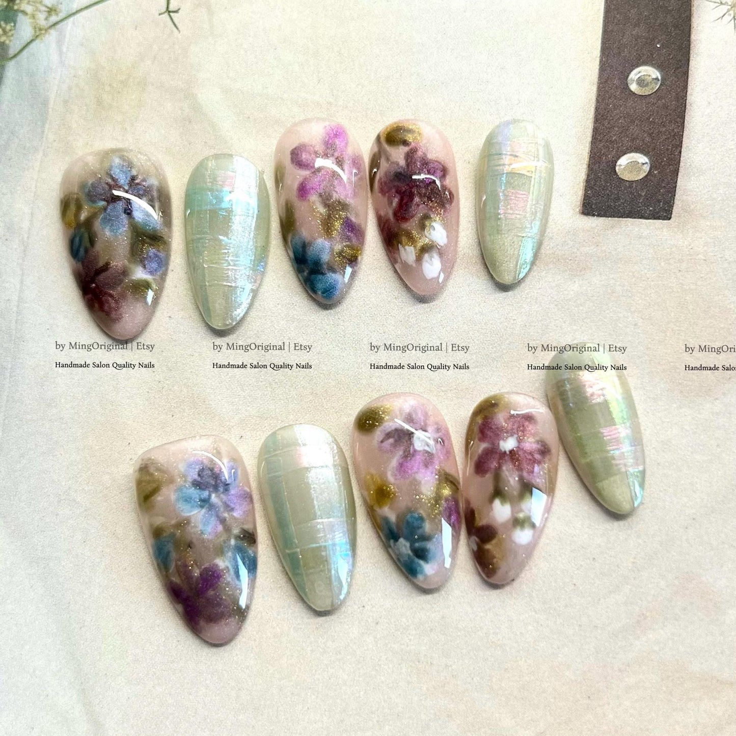 Hand Painted Floral Press On Nails, Iridescent Plaid Fake Nails, Vintage Oil Painting Nail Art, Moody Flower Shimmer, MO829