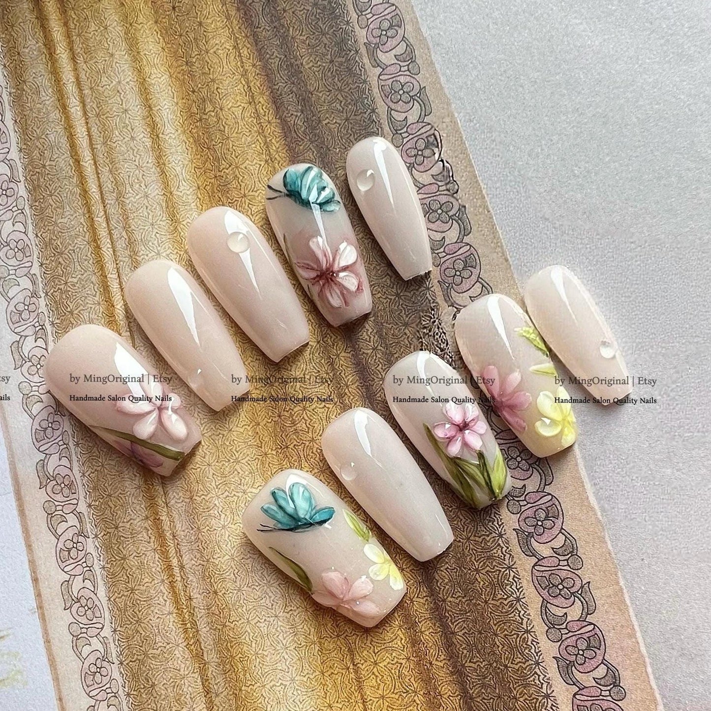 Whimsical Butterfly & 3D Flower Press On Nails, Garden Aesthetic Hand Painted Nail Art, Milky Floral Fake Nails, Textured Botanical, MO830